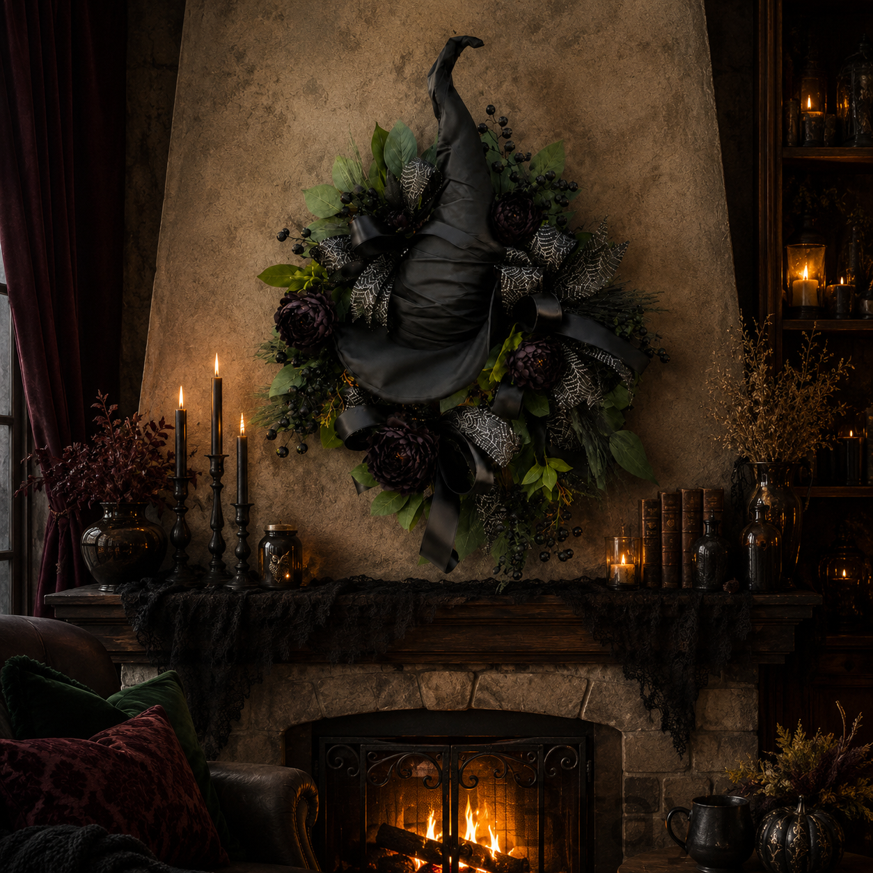 🧙Premium Gothic Black Rose Witch Hat Wreath – Haunting Elegant Halloween Front Door Statement Decor