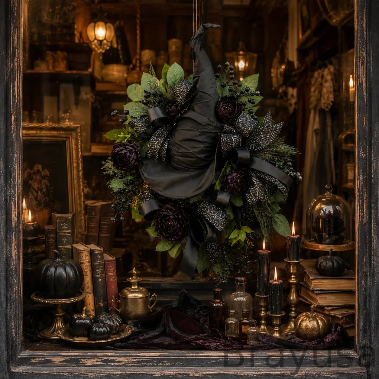🧙Premium Gothic Black Rose Witch Hat Wreath – Haunting Elegant Halloween Front Door Statement Decor